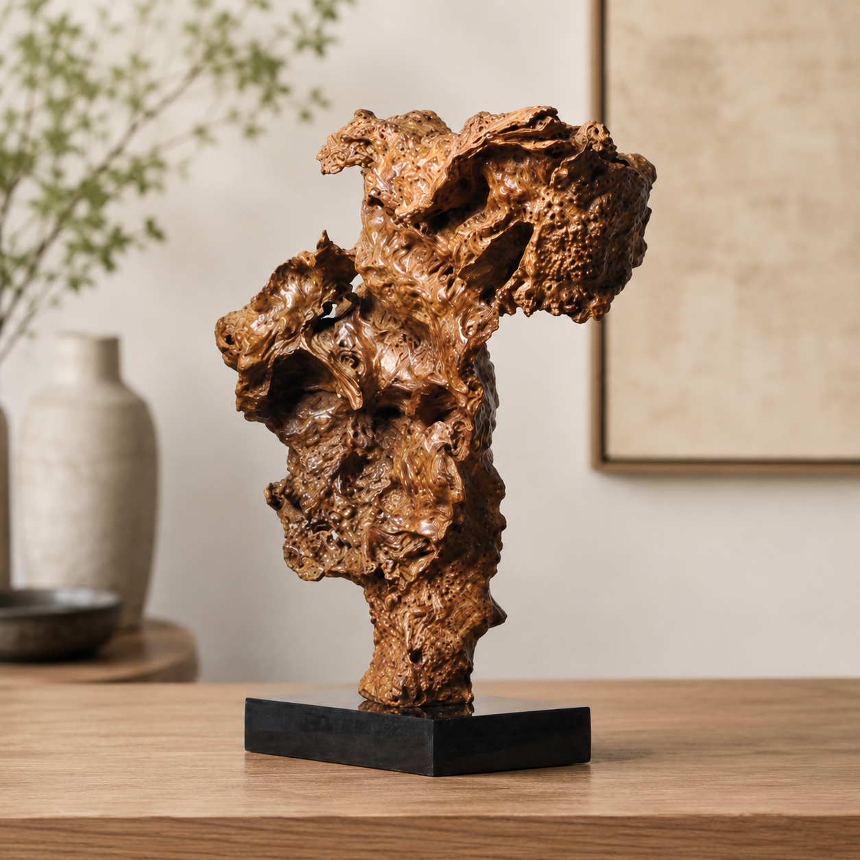 Natural Root Wood Sculpture on Black Base, Burl Wood Art Decor, Organic Wabi Sabi Home Decor, Rustic Luxury Shelf Decor