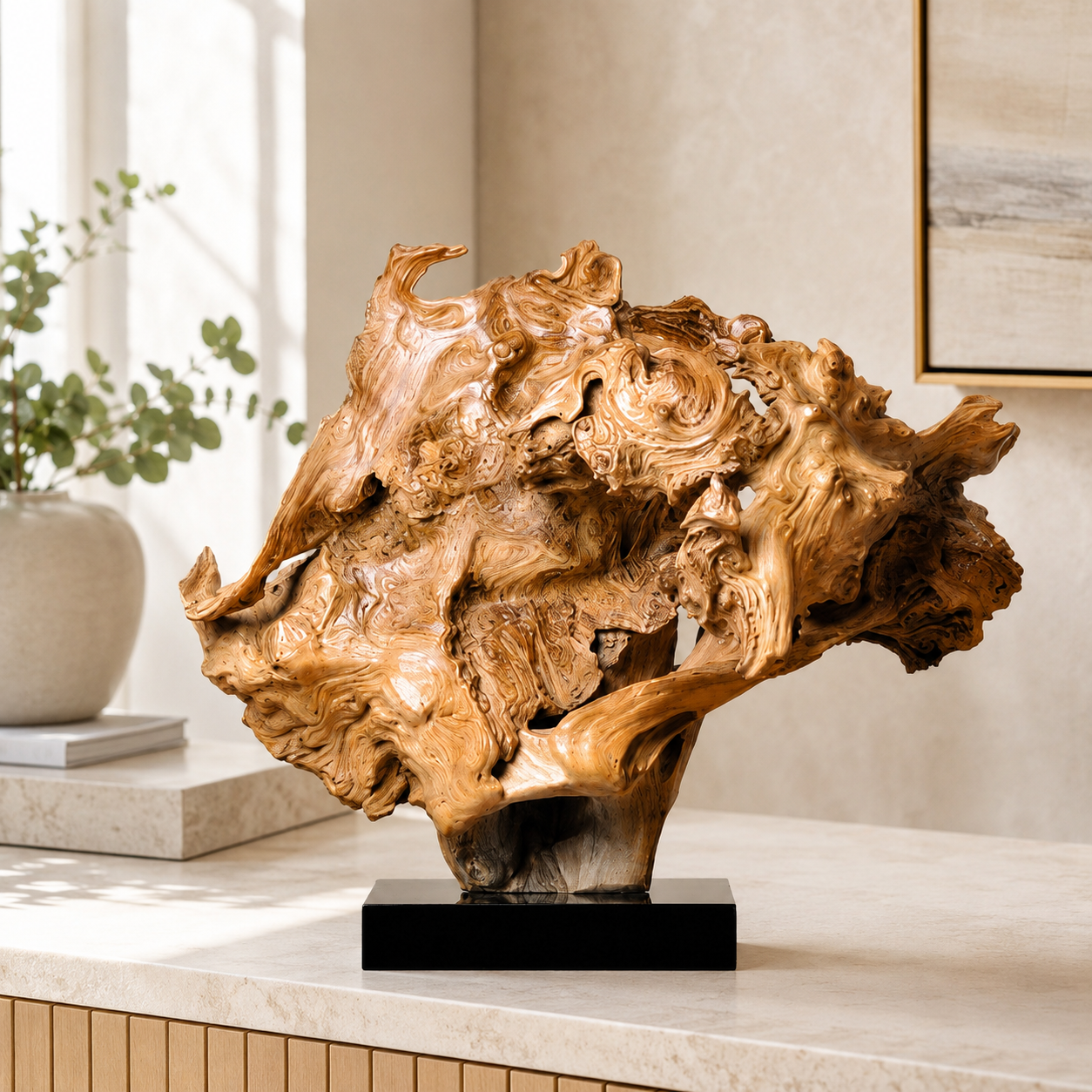 Natural Driftwood Sculpture on Black Base, Abstract Wood Art Decor, Organic Root Carving, Wabi Sabi Home Accent, Unique Wooden Table Sculpture