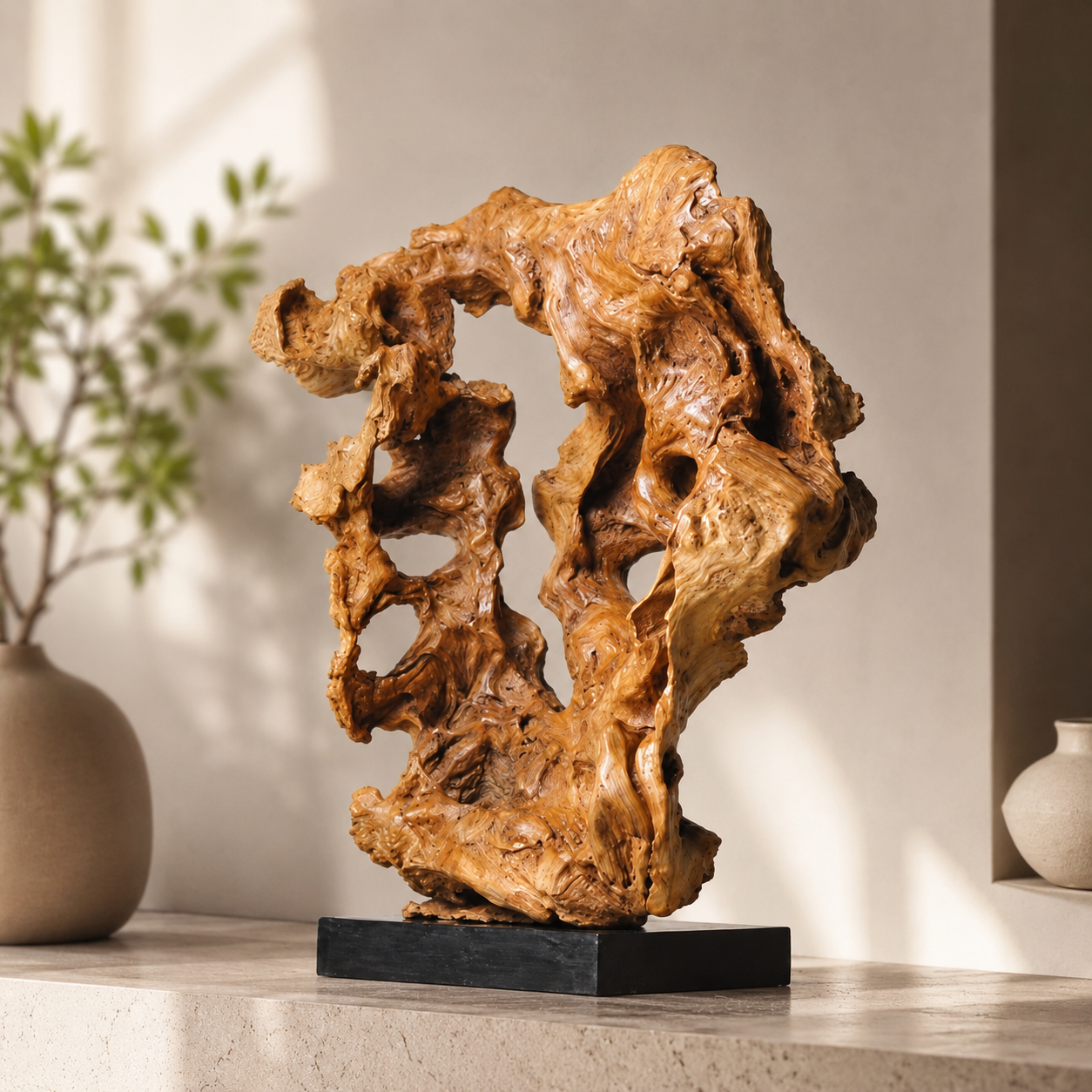 Large Natural Root Wood Sculpture on Black Base, Abstract Driftwood Art, Wabi Sabi Organic Home Decor, Rustic Luxury Shelf Decor