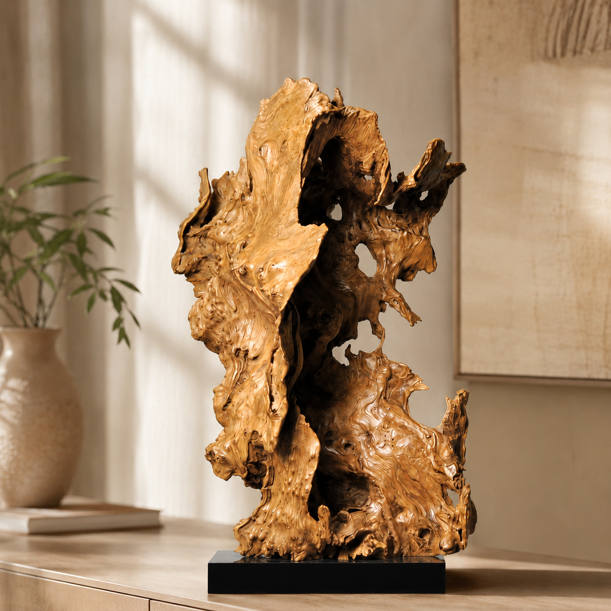 Large Natural Driftwood Sculpture on Black Base, Abstract Wood Root Art, Organic Wabi Sabi Home Decor, Unique Wooden Table Centerpiece
