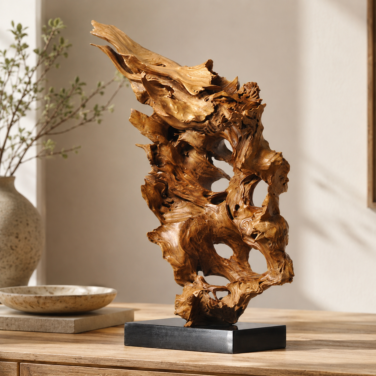 Natural Root Wood Sculpture on Black Base, Abstract Burl Wood Art, Organic Wabi Sabi Decor, Rustic Luxury Shelf Decor