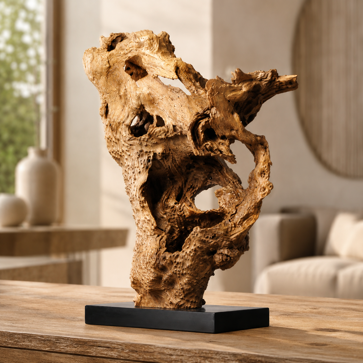 Large Natural Root Wood Sculpture on Black Base, Abstract Driftwood Art, Wabi Sabi Organic Home Decor, Rustic Shelf Decor