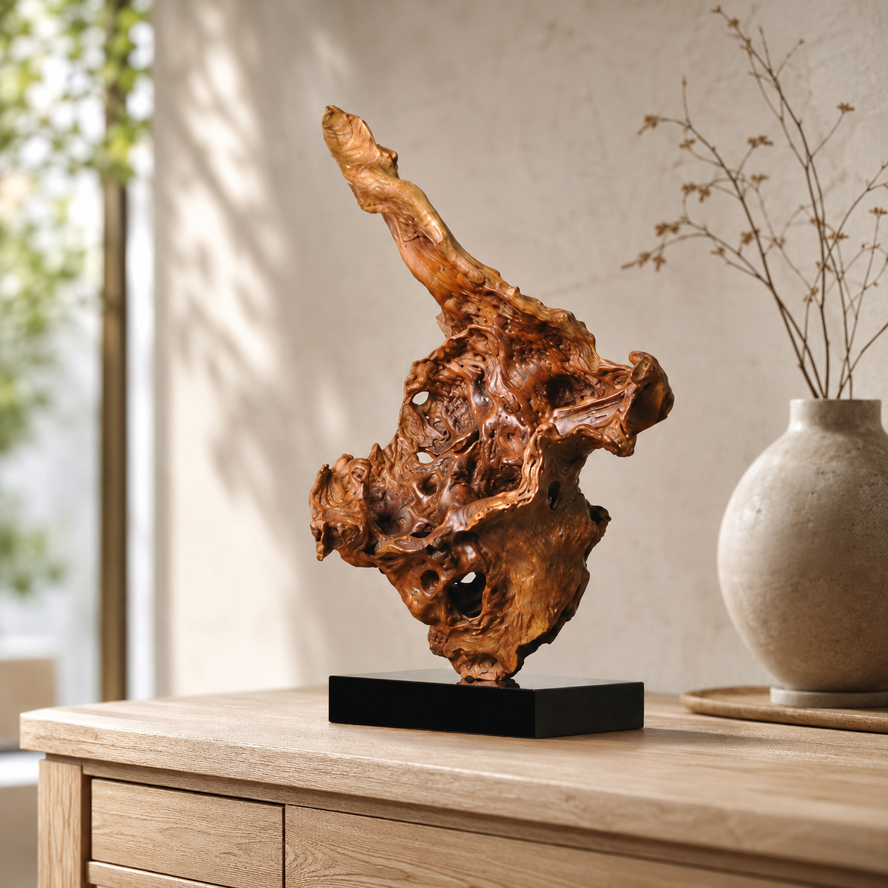 Natural Root Wood Sculpture on Black Base, Abstract Burl Wood Art, Organic Wabi Sabi Decor, Rustic Luxury Shelf Decor