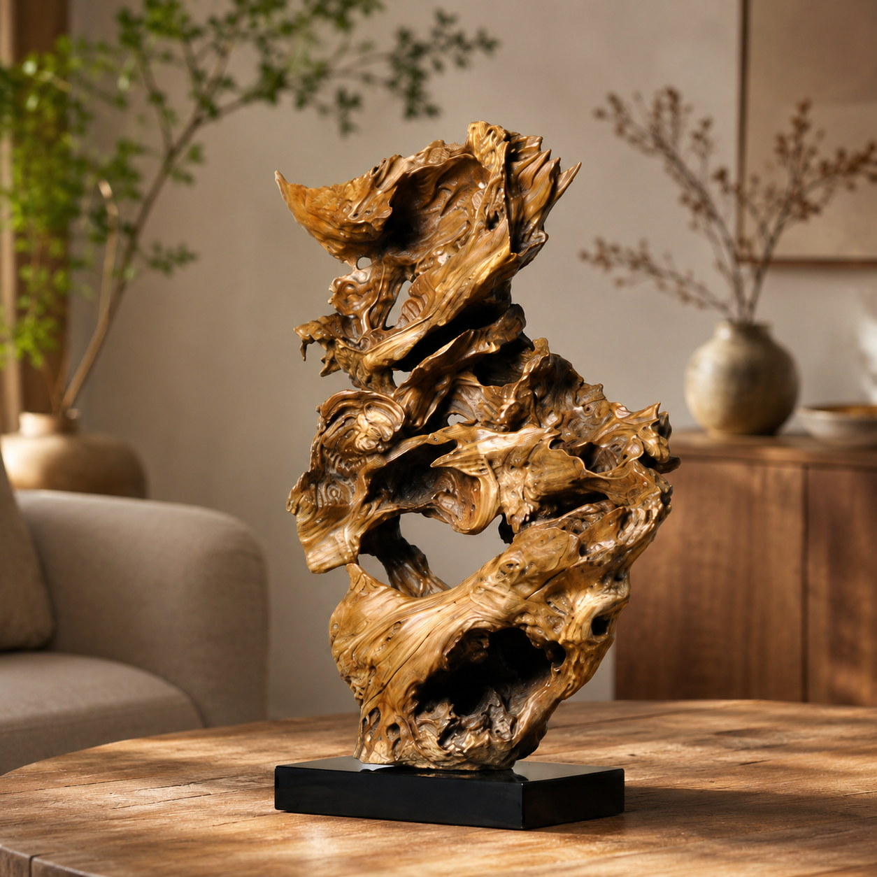 Natural Root Wood Sculpture on Black Base, Abstract Burl Wood Art, Organic Wabi Sabi Decor, Rustic Luxury Shelf Decor
