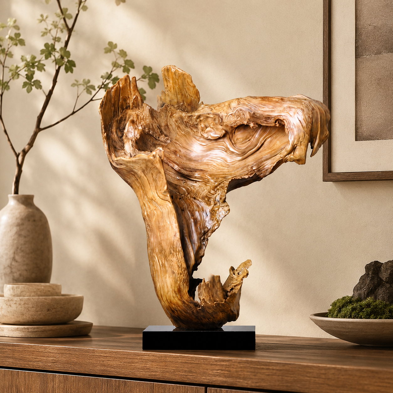 Large Natural Driftwood Sculpture on Black Base, Abstract Root Wood Art, Organic Wabi Sabi Home Decor, Unique Statement Wood Statue