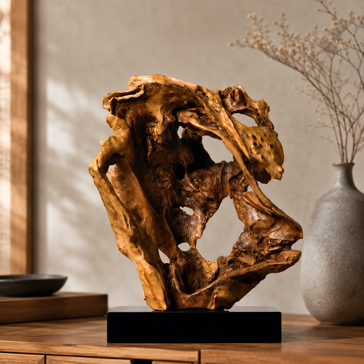 Natural Driftwood Sculpture on Black Base, Abstract Wood Root Carving Art, Organic Wabi Sabi Home Decor, Rustic Wooden Statue, Zen Table Decor