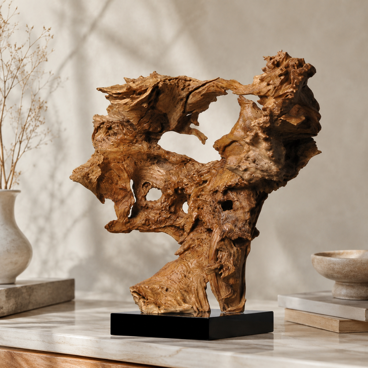 Large Natural Driftwood Sculpture on Black Base, Abstract Root Wood Carving, Organic Wabi Sabi Home Decor, Rustic Luxury Wood Art