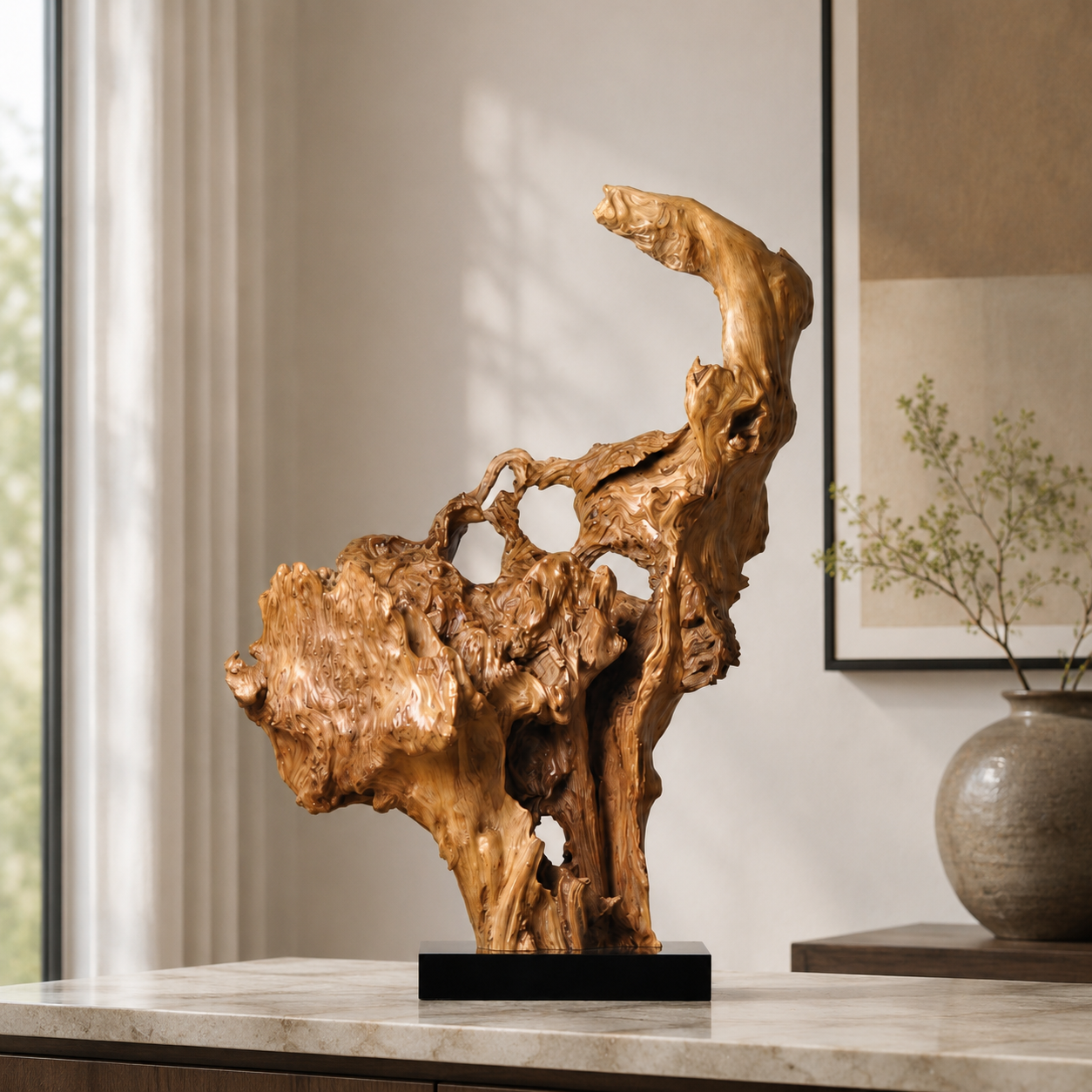 Large Natural Driftwood Sculpture on Black Base, Abstract Wood Art, Organic Root Carving, Wabi Sabi Home Decor, Unique Wooden Statement Piece