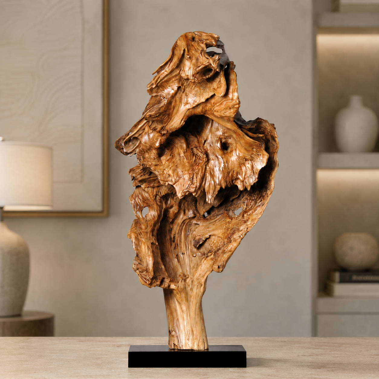 Large Natural Driftwood Sculpture on Black Base, Abstract Root Wood Art, Organic Wabi Sabi Home Decor, Unique Wooden Centerpiece