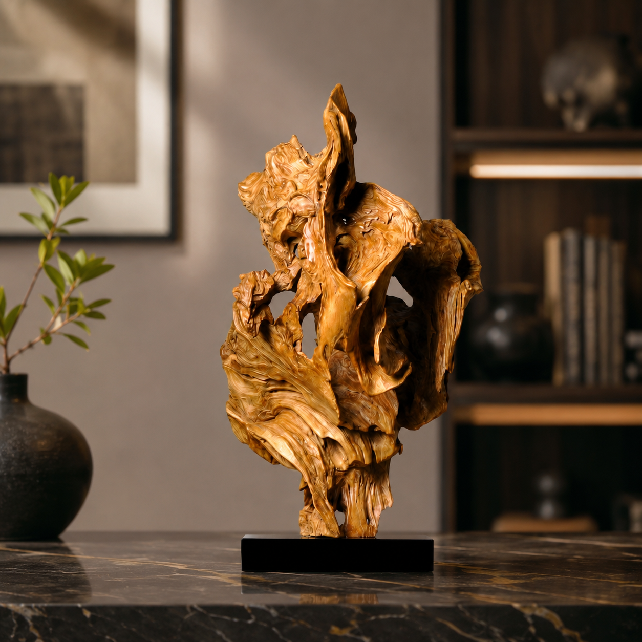 Large Natural Driftwood Sculpture on Black Base, Abstract Wood Root Carving Art, Organic Wabi Sabi Home Decor, Unique Wooden Table Sculpture