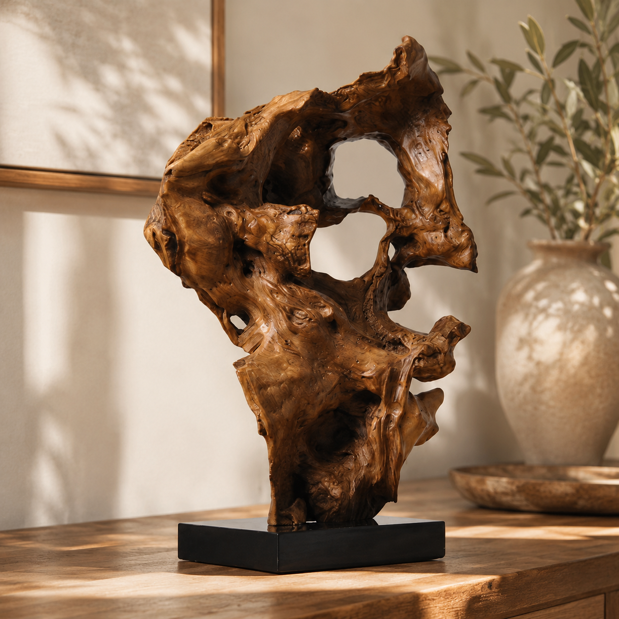 Natural Root Wood Sculpture on Black Base, Abstract Burl Wood Art, Organic Wabi Sabi Home Decor, Rustic Luxury Shelf Decor