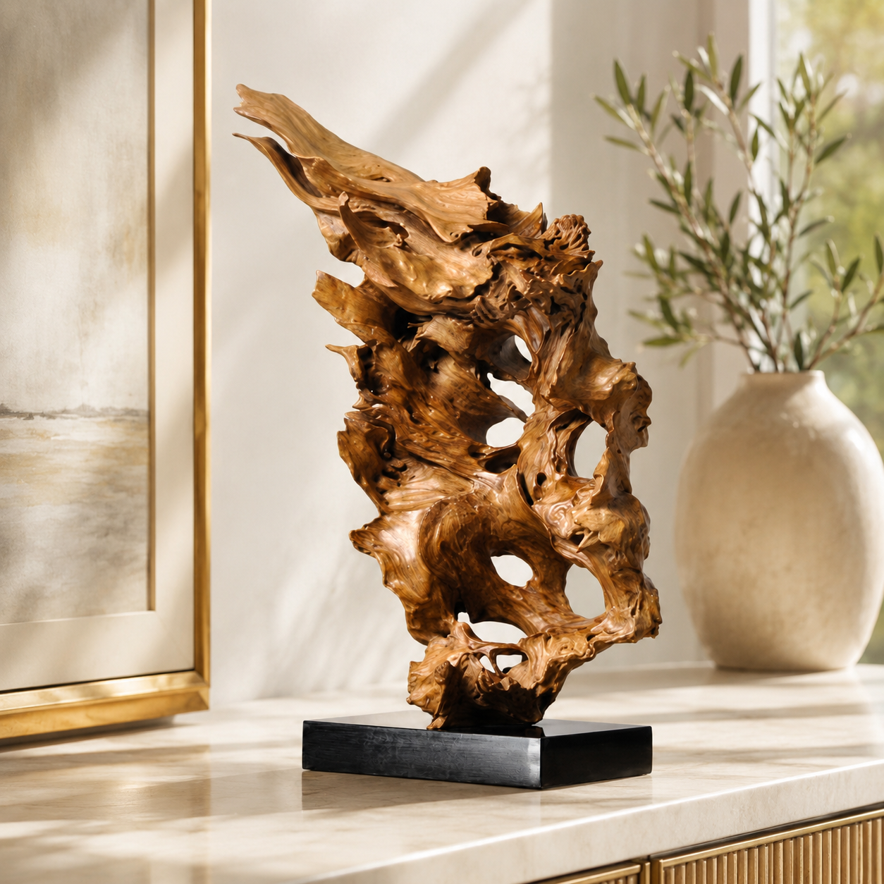 Natural Root Wood Sculpture on Black Base, Abstract Burl Wood Art, Organic Wabi Sabi Decor, Rustic Luxury Shelf Decor