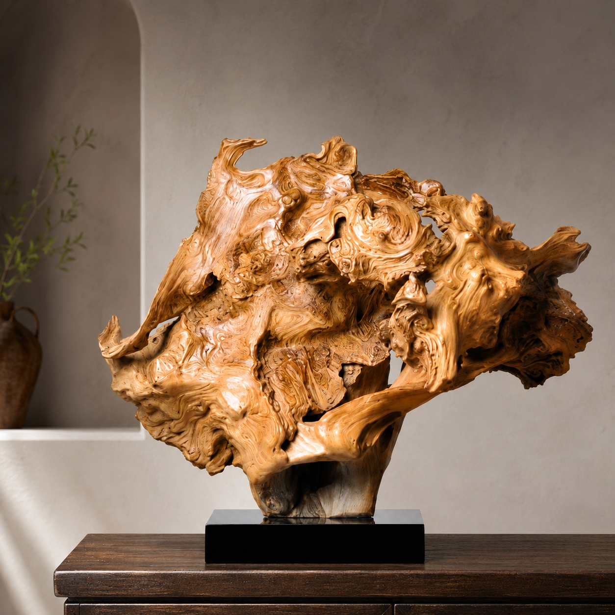 Natural Driftwood Sculpture on Black Base, Abstract Wood Art Decor, Organic Root Carving, Wabi Sabi Home Accent, Unique Wooden Table Sculpture