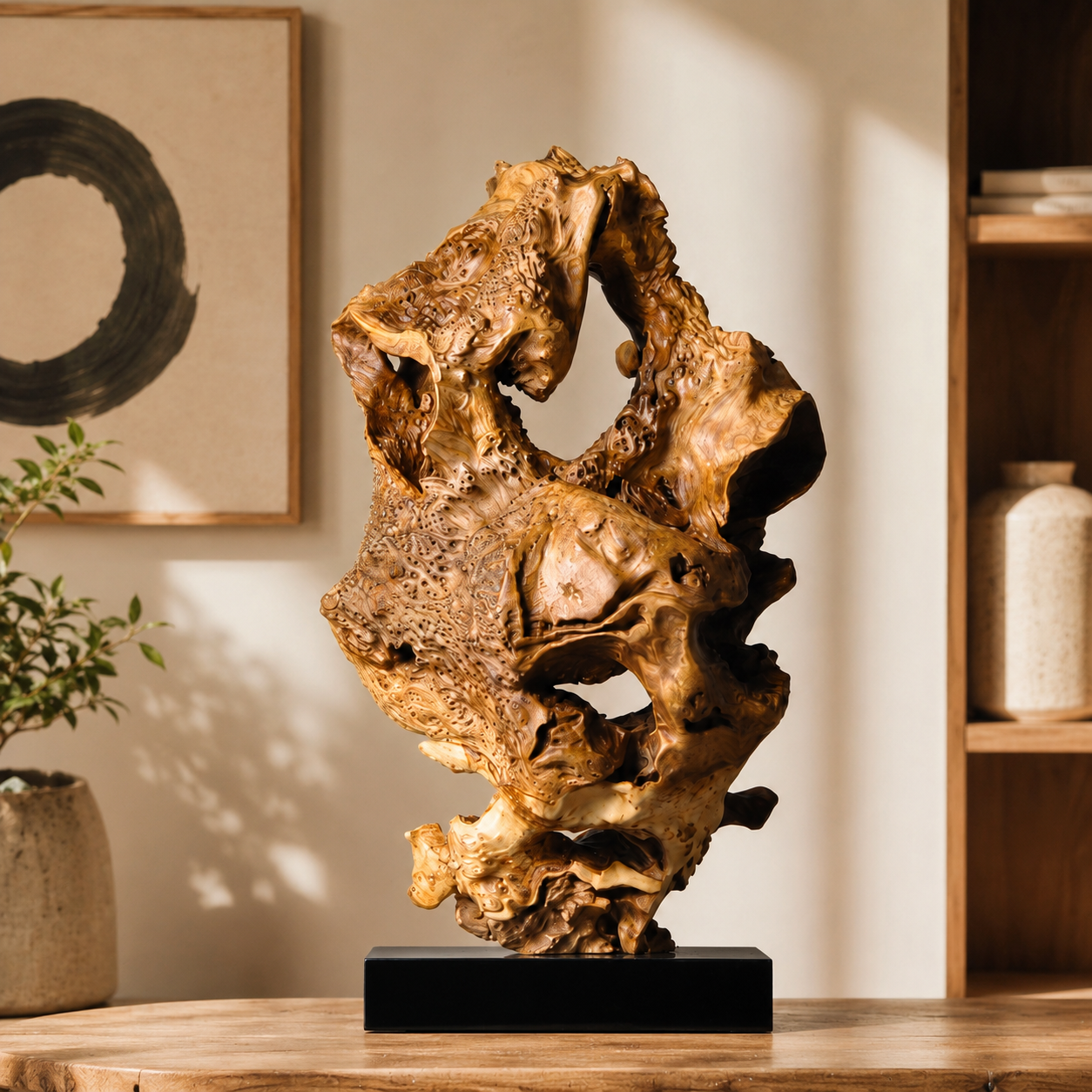 Natural Driftwood Sculpture on Black Base, Abstract Wood Root Carving, Organic Wabi Sabi Home Decor, Rustic Wooden Art Statue