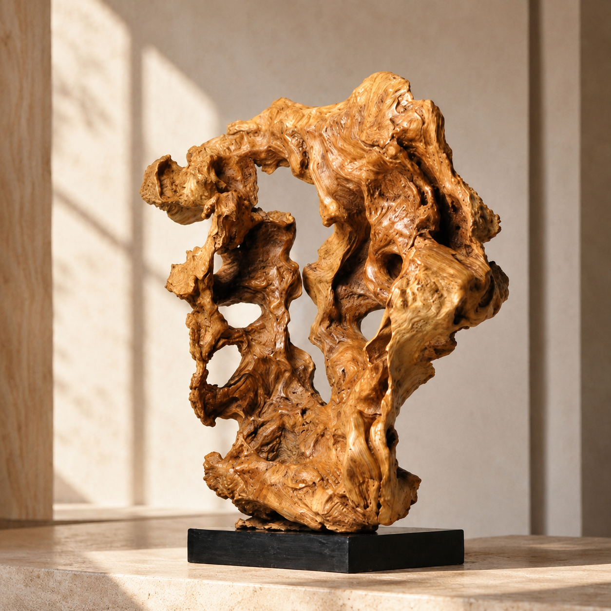 Large Natural Root Wood Sculpture on Black Base, Abstract Driftwood Art, Wabi Sabi Organic Home Decor, Rustic Luxury Shelf Decor