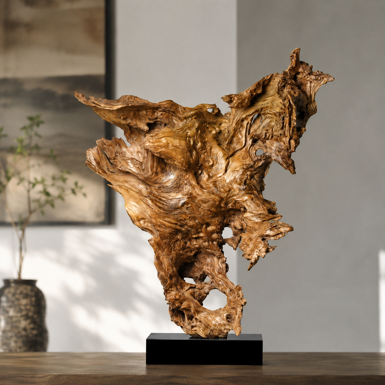 Large Natural Driftwood Sculpture on Black Base, Abstract Root Wood Art, Organic Wabi Sabi Home Decor, Unique Wooden Centerpiece