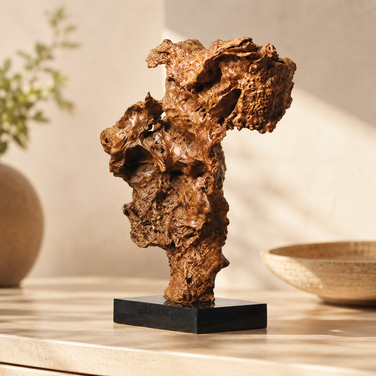 Natural Root Wood Sculpture on Black Base, Burl Wood Art Decor, Organic Wabi Sabi Home Decor, Rustic Luxury Shelf Decor