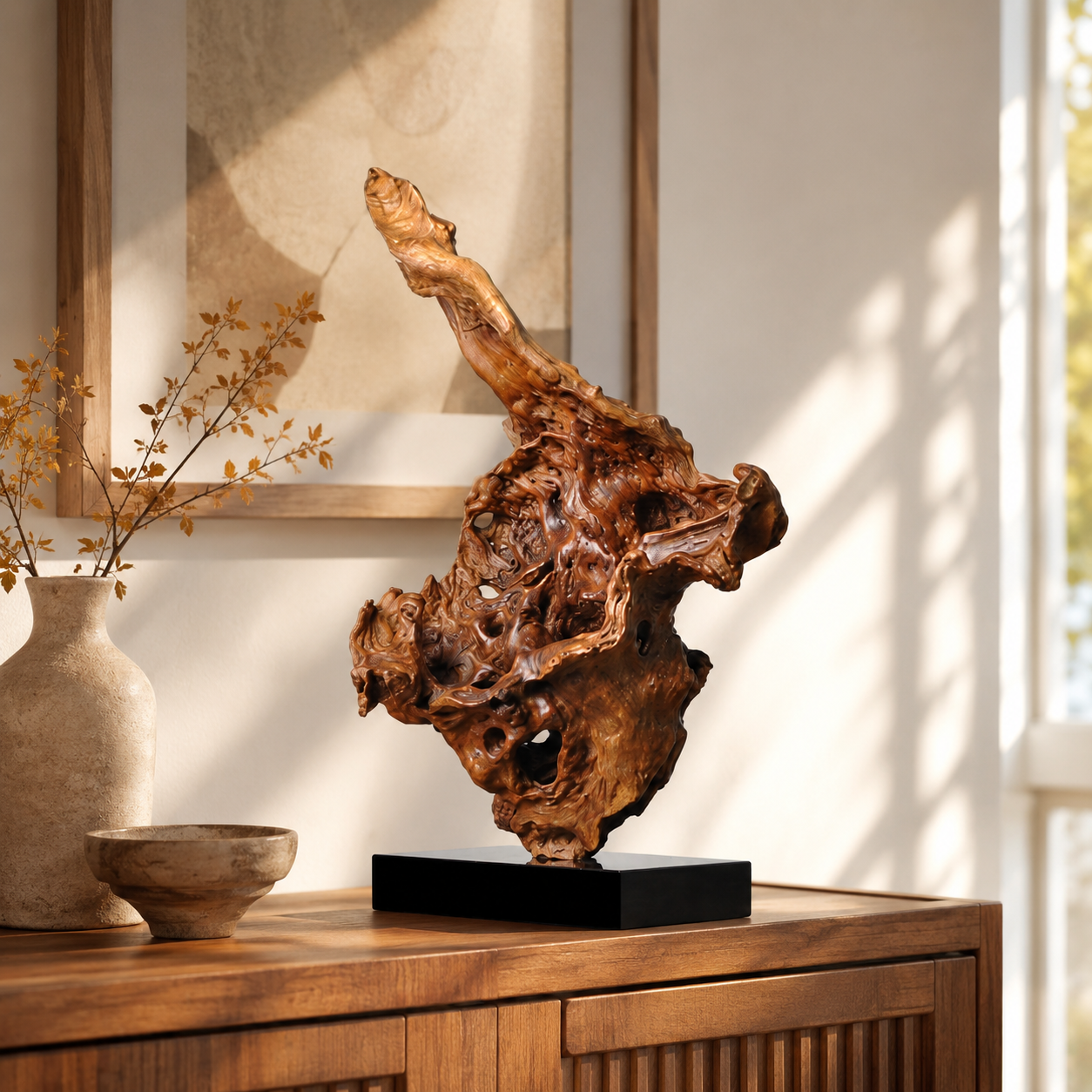 Natural Root Wood Sculpture on Black Base, Abstract Burl Wood Art, Organic Wabi Sabi Decor, Rustic Luxury Shelf Decor