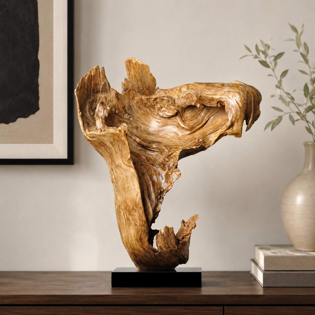 Large Natural Driftwood Sculpture on Black Base, Abstract Root Wood Art, Organic Wabi Sabi Home Decor, Unique Statement Wood Statue