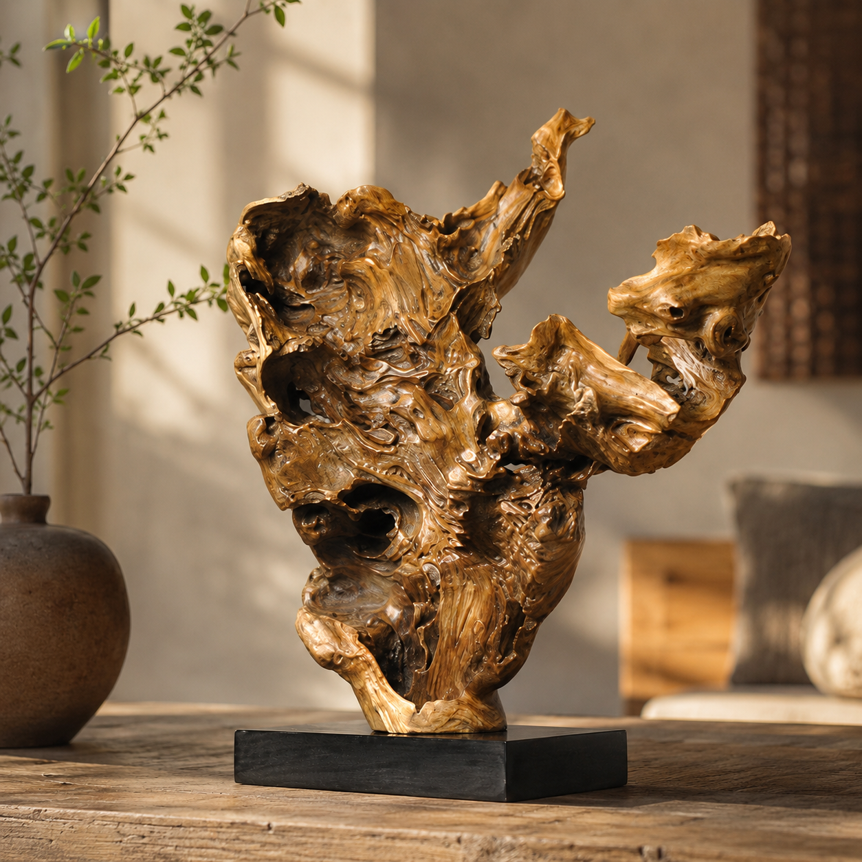 Natural Root Wood Sculpture on Black Base, Abstract Burl Wood Art, Organic Wabi Sabi Home Decor, Rustic Modern Shelf Decor