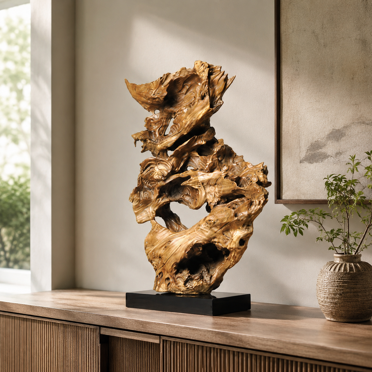 Natural Root Wood Sculpture on Black Base, Abstract Burl Wood Art, Organic Wabi Sabi Decor, Rustic Luxury Shelf Decor