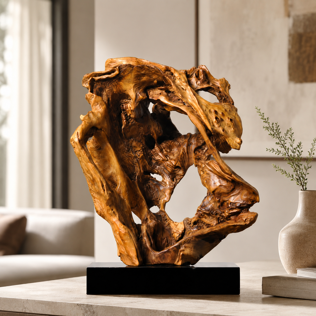 Natural Driftwood Sculpture on Black Base, Abstract Wood Root Carving Art, Organic Wabi Sabi Home Decor, Rustic Wooden Statue, Zen Table Decor