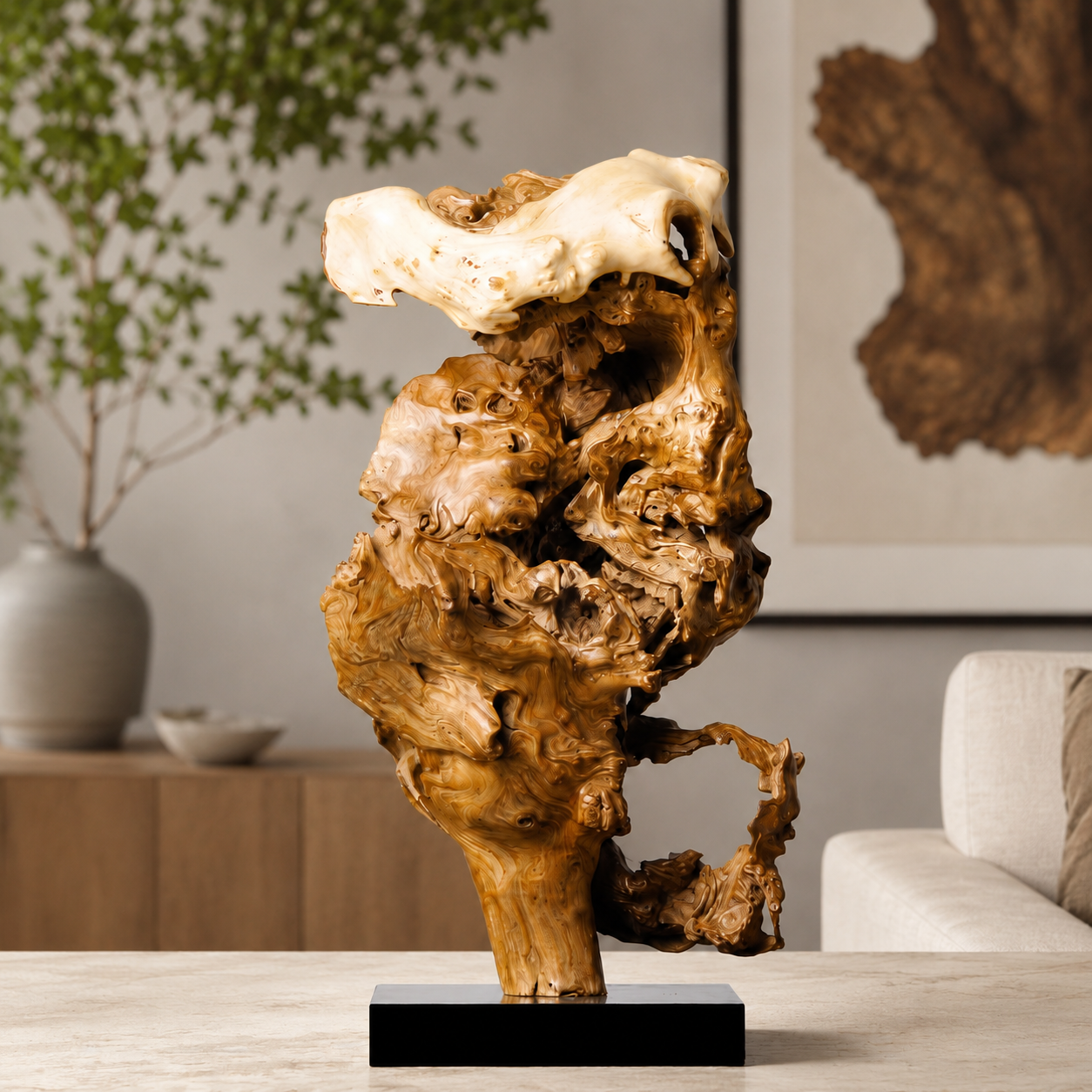 Large Natural Driftwood Sculpture on Black Base, Abstract Wood Root Carving, Organic Wabi Sabi Home Decor, Rustic Wooden Art Statue