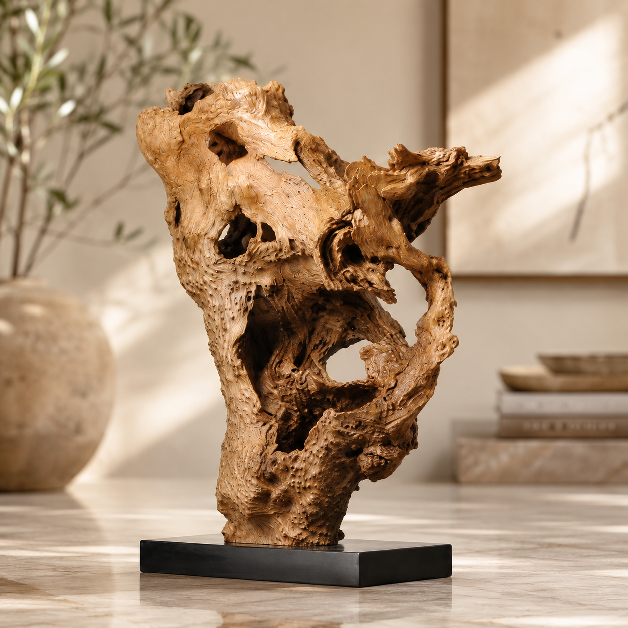 Large Natural Root Wood Sculpture on Black Base, Abstract Driftwood Art, Wabi Sabi Organic Home Decor, Rustic Shelf Decor