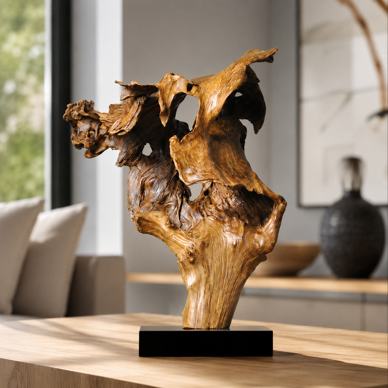 Large Natural Driftwood Sculpture on Black Base, Abstract Wood Root Carving, Organic Wabi Sabi Home Decor, Rustic Wooden Art Centerpiece
