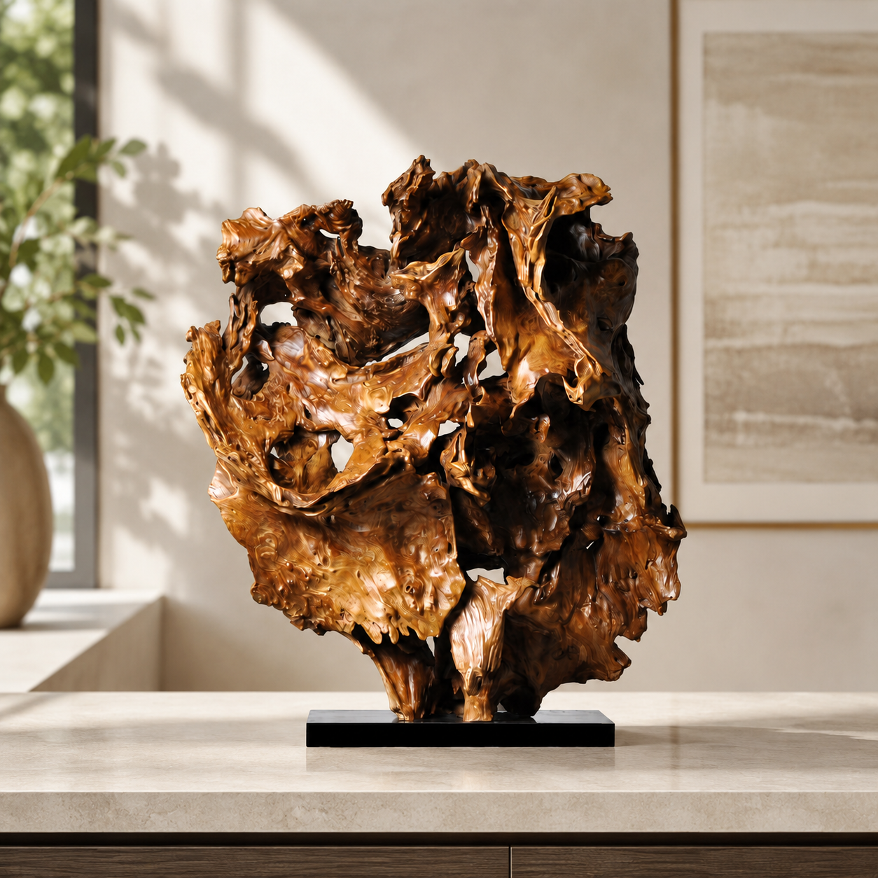 Large Natural Driftwood Sculpture on Black Base, Abstract Wood Root Carving, Organic Wabi Sabi Home Decor, Rustic Modern Statement Art