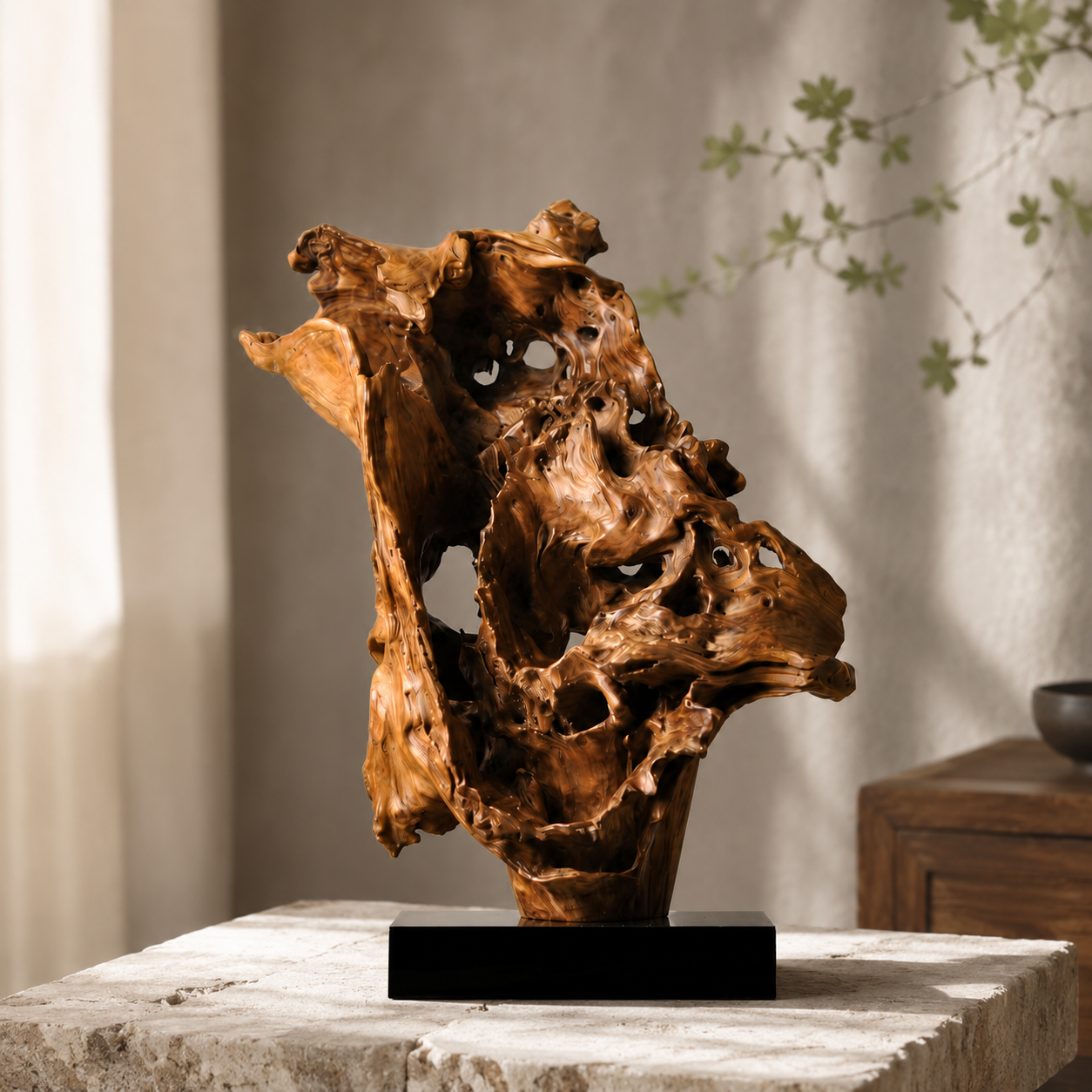 Natural Driftwood Sculpture on Black Base, Abstract Root Wood Carving, Organic Wooden Art Decor, Wabi Sabi Home Accent, Unique Table Sculpture