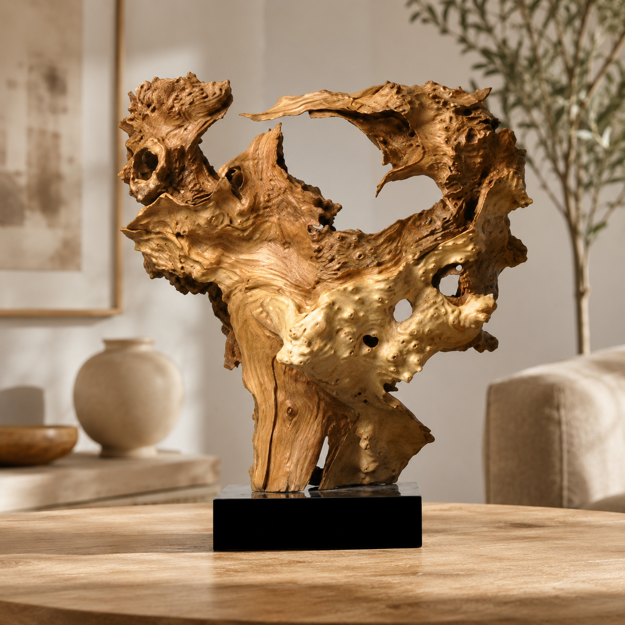 Large Natural Driftwood Sculpture on Black Base, Abstract Root Wood Carving, Organic Wabi Sabi Home Decor, Rustic Luxury Wood Art