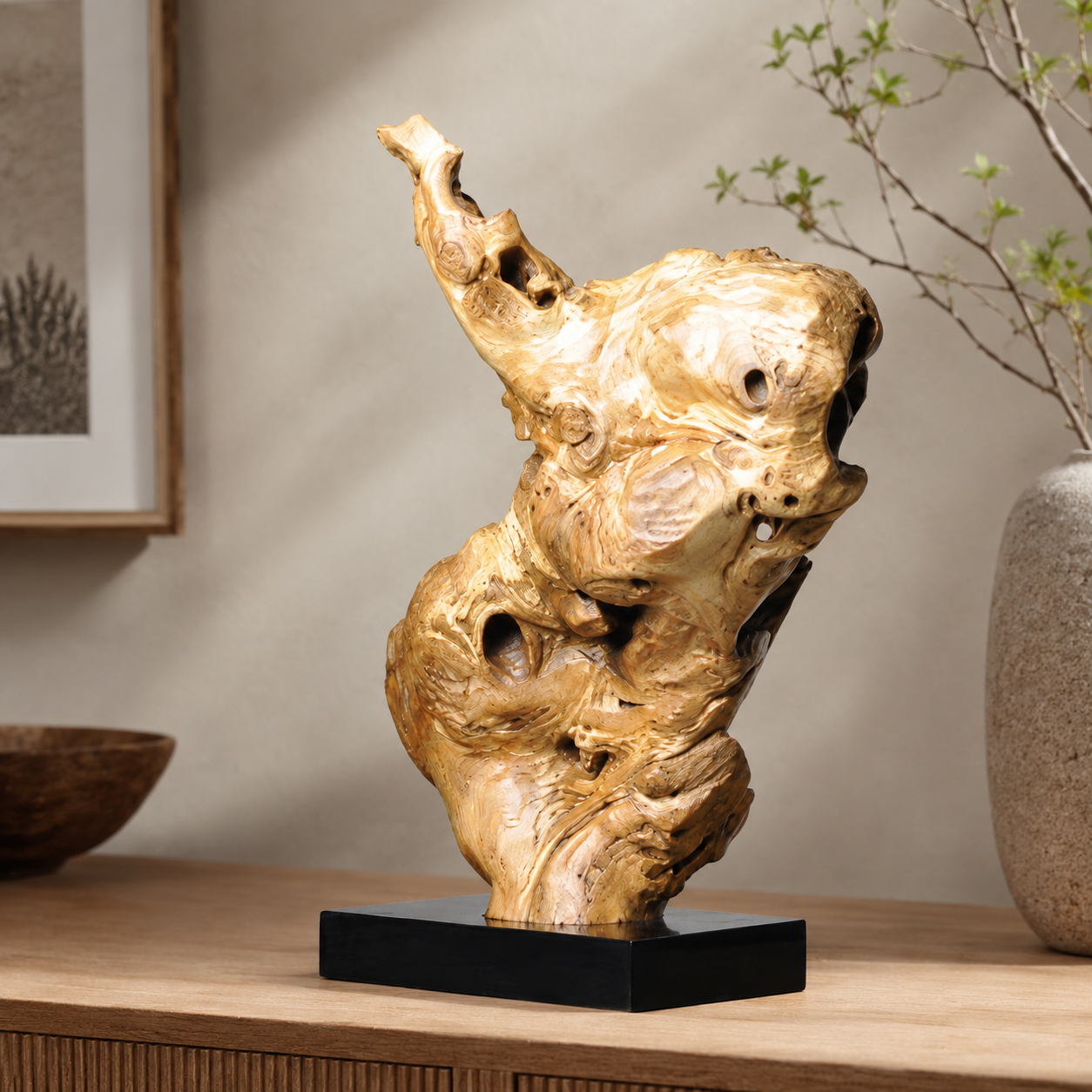 Natural Root Wood Sculpture on Black Base, Abstract Burl Wood Art, Organic Wabi Sabi Home Decor, Rustic Modern Shelf Decor