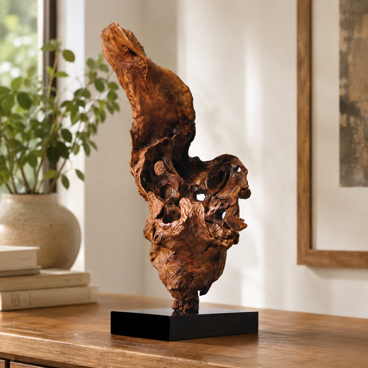 Natural Root Wood Sculpture on Black Base, Abstract Burl Wood Art, Organic Wabi Sabi Decor, Rustic Luxury Shelf Decor