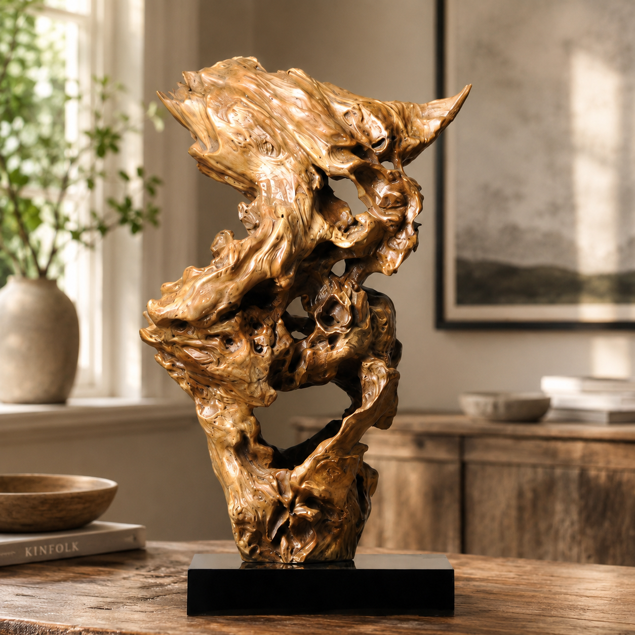 Natural Root Wood Sculpture on Black Base, Abstract Burl Wood Art, Organic Wabi Sabi Decor, Rustic Luxury Shelf Decor