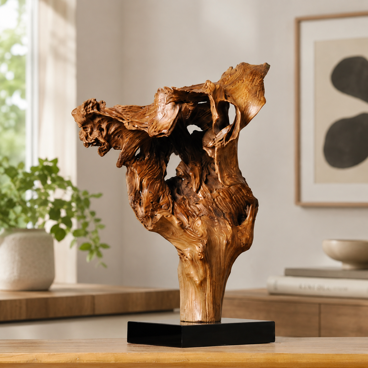 Large Natural Driftwood Sculpture on Black Base, Abstract Wood Root Carving, Organic Wabi Sabi Home Decor, Rustic Wooden Art Centerpiece