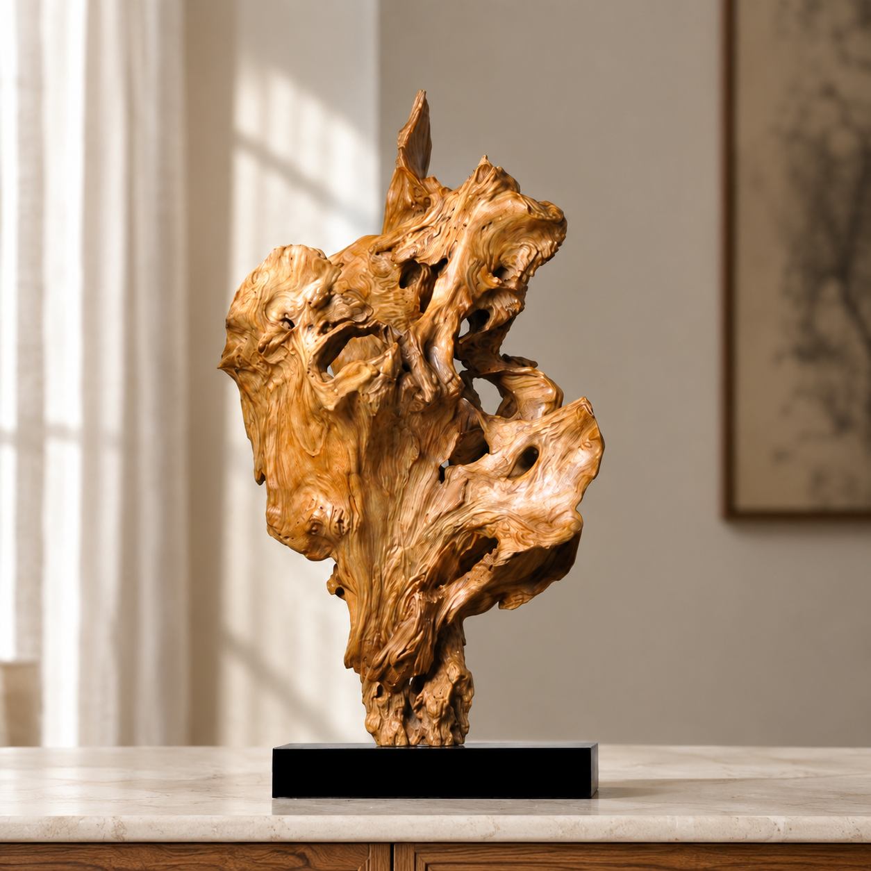 Large Natural Driftwood Sculpture on Black Base, Abstract Wood Root Carving Art, Organic Wabi Sabi Home Decor, Unique Wooden Table Sculpture