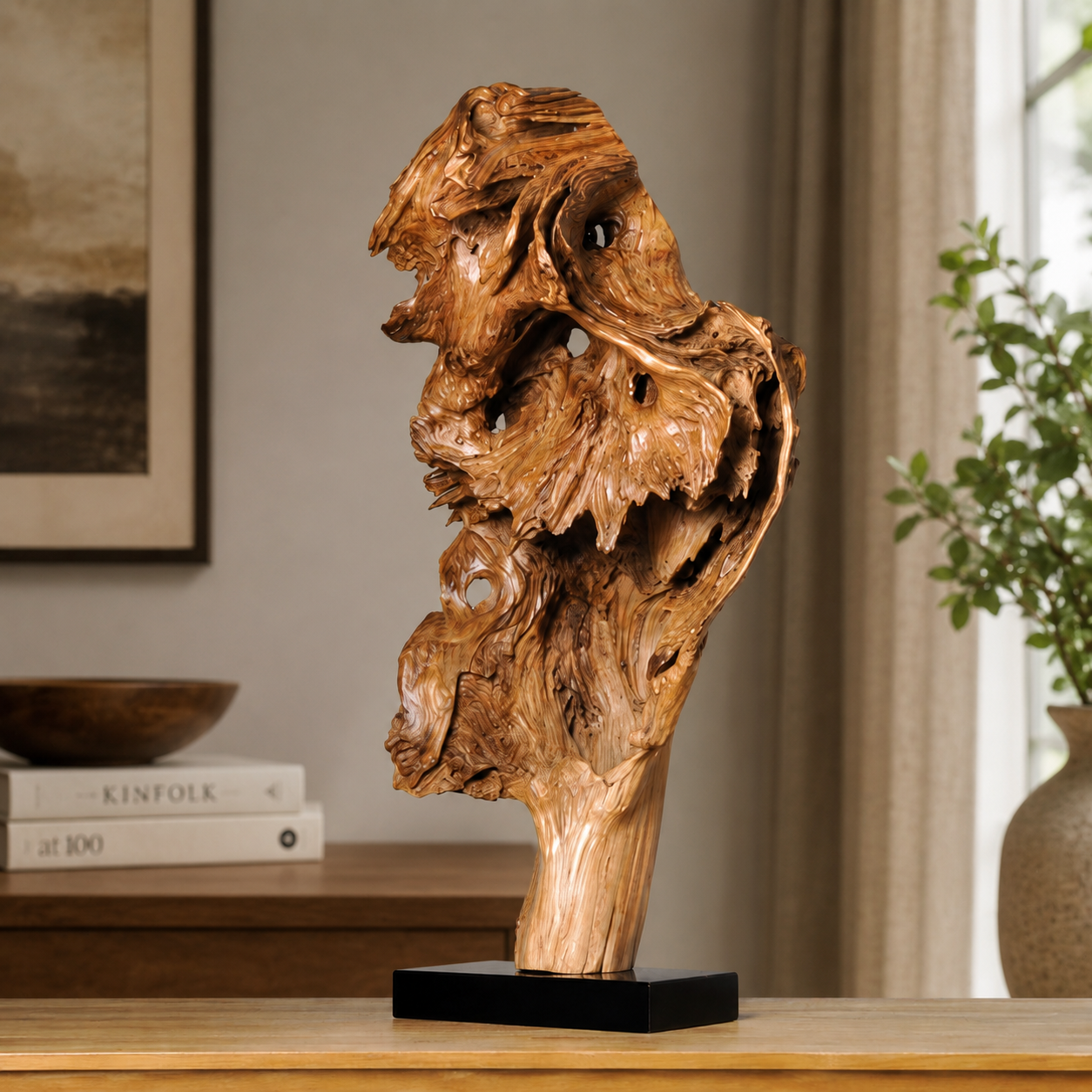 Large Natural Driftwood Sculpture on Black Base, Abstract Root Wood Art, Organic Wabi Sabi Home Decor, Unique Wooden Centerpiece