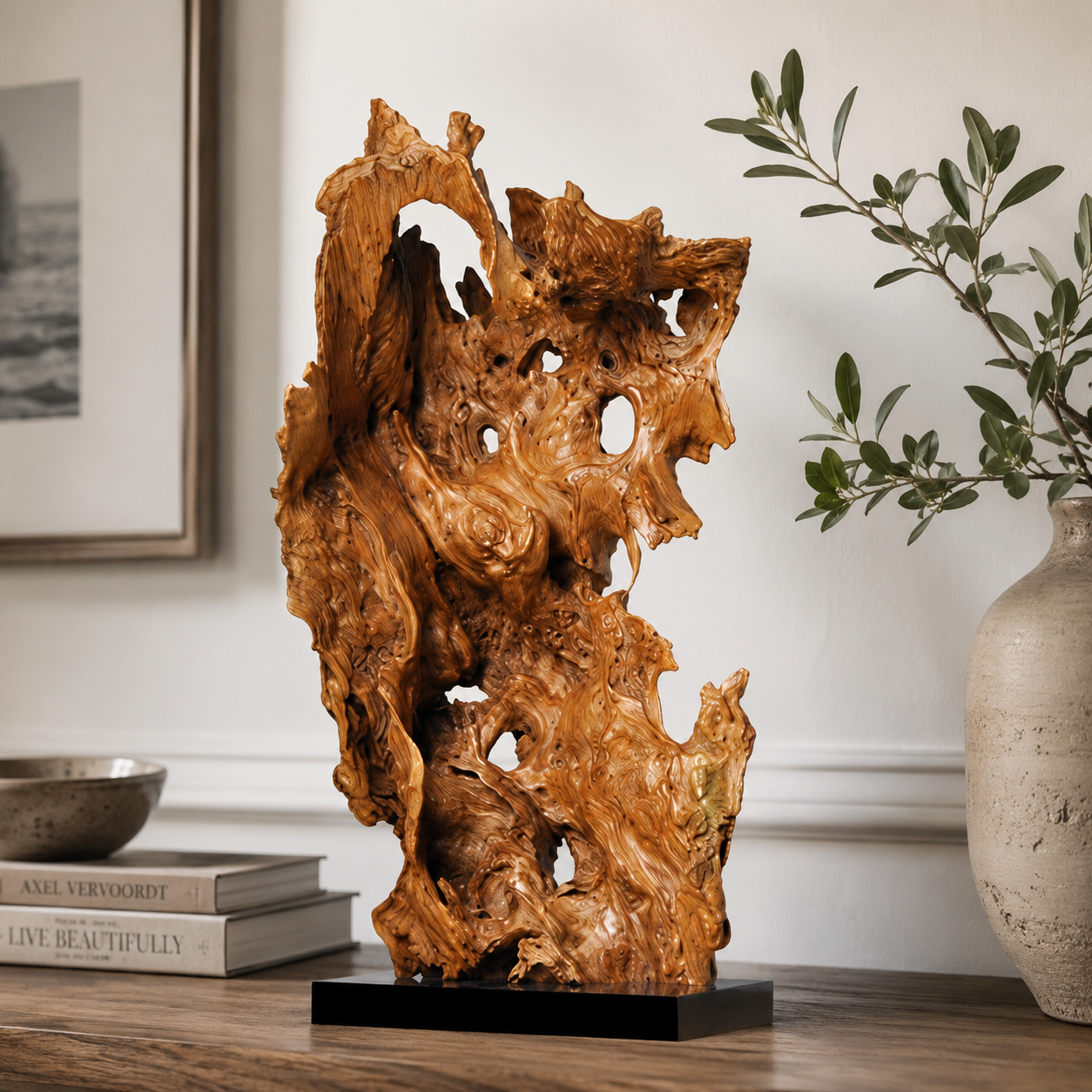 Large Natural Driftwood Sculpture on Black Base, Abstract Wood Root Art, Organic Wabi Sabi Home Decor, Unique Wooden Table Centerpiece