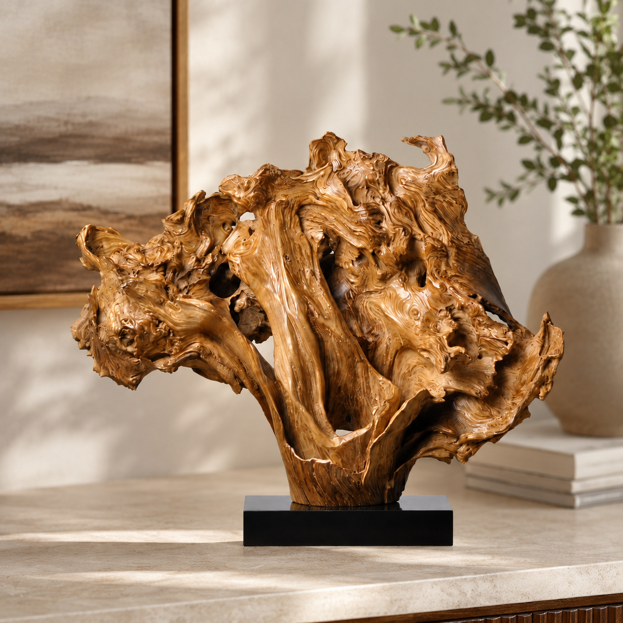 Natural Driftwood Sculpture on Black Base, Abstract Wood Art Decor, Organic Root Carving, Wabi Sabi Home Accent, Unique Wooden Table Sculpture