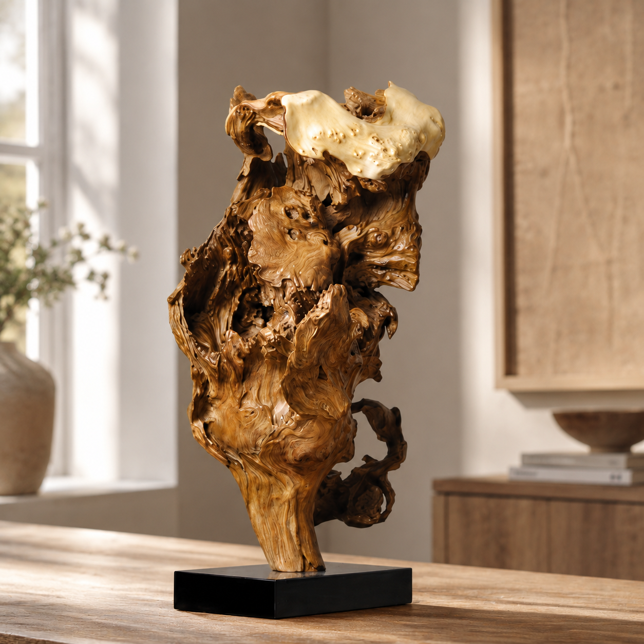 Large Natural Driftwood Sculpture on Black Base, Abstract Wood Root Carving, Organic Wabi Sabi Home Decor, Rustic Wooden Art Statue