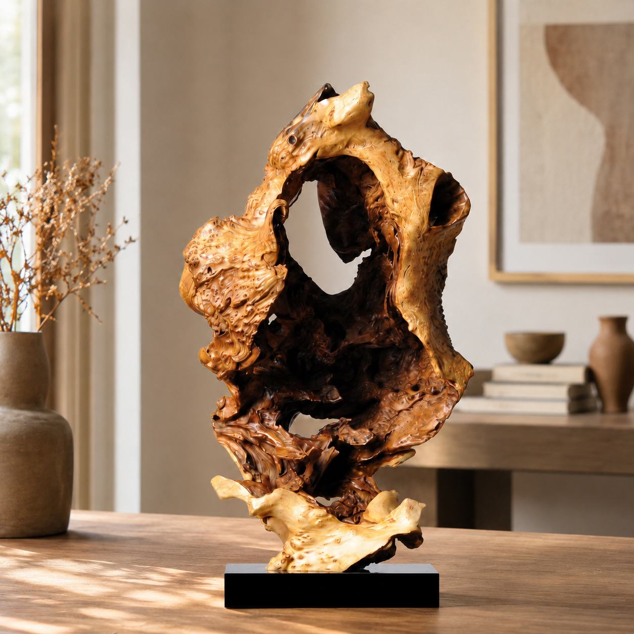 Natural Driftwood Sculpture on Black Base, Abstract Wood Root Carving, Organic Wabi Sabi Home Decor, Rustic Wooden Art Statue