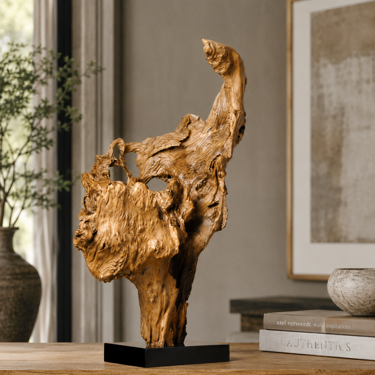 Large Natural Driftwood Sculpture on Black Base, Abstract Wood Art, Organic Root Carving, Wabi Sabi Home Decor, Unique Wooden Statement Piece