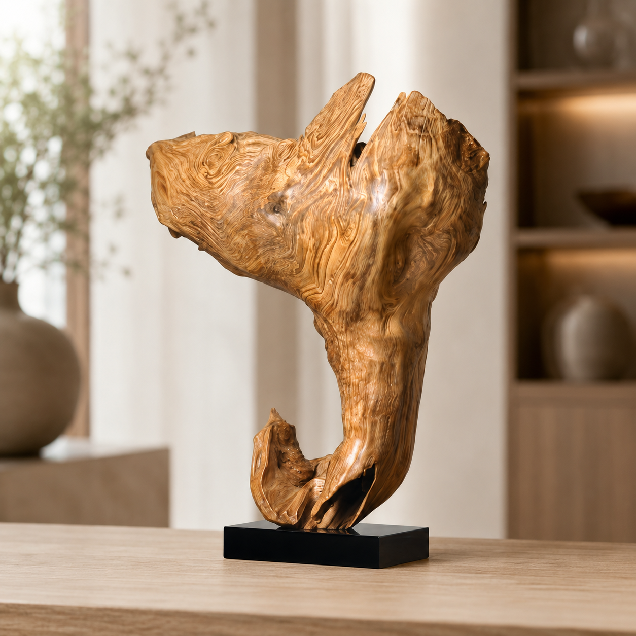 Large Natural Driftwood Sculpture on Black Base, Abstract Root Wood Art, Organic Wabi Sabi Home Decor, Unique Statement Wood Statue
