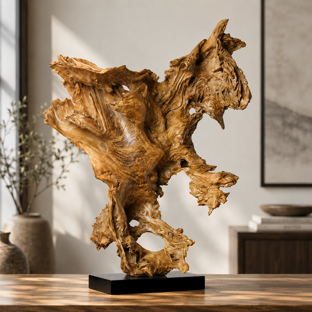 Large Natural Driftwood Sculpture on Black Base, Abstract Root Wood Art, Organic Wabi Sabi Home Decor, Unique Wooden Centerpiece