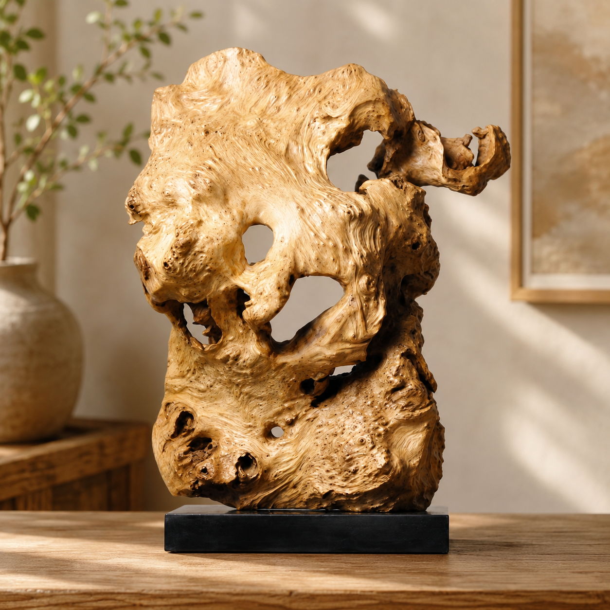 Large Natural Root Wood Sculpture on Black Base, Abstract Driftwood Art, Wabi Sabi Organic Home Decor, Rustic Luxury Shelf Decor