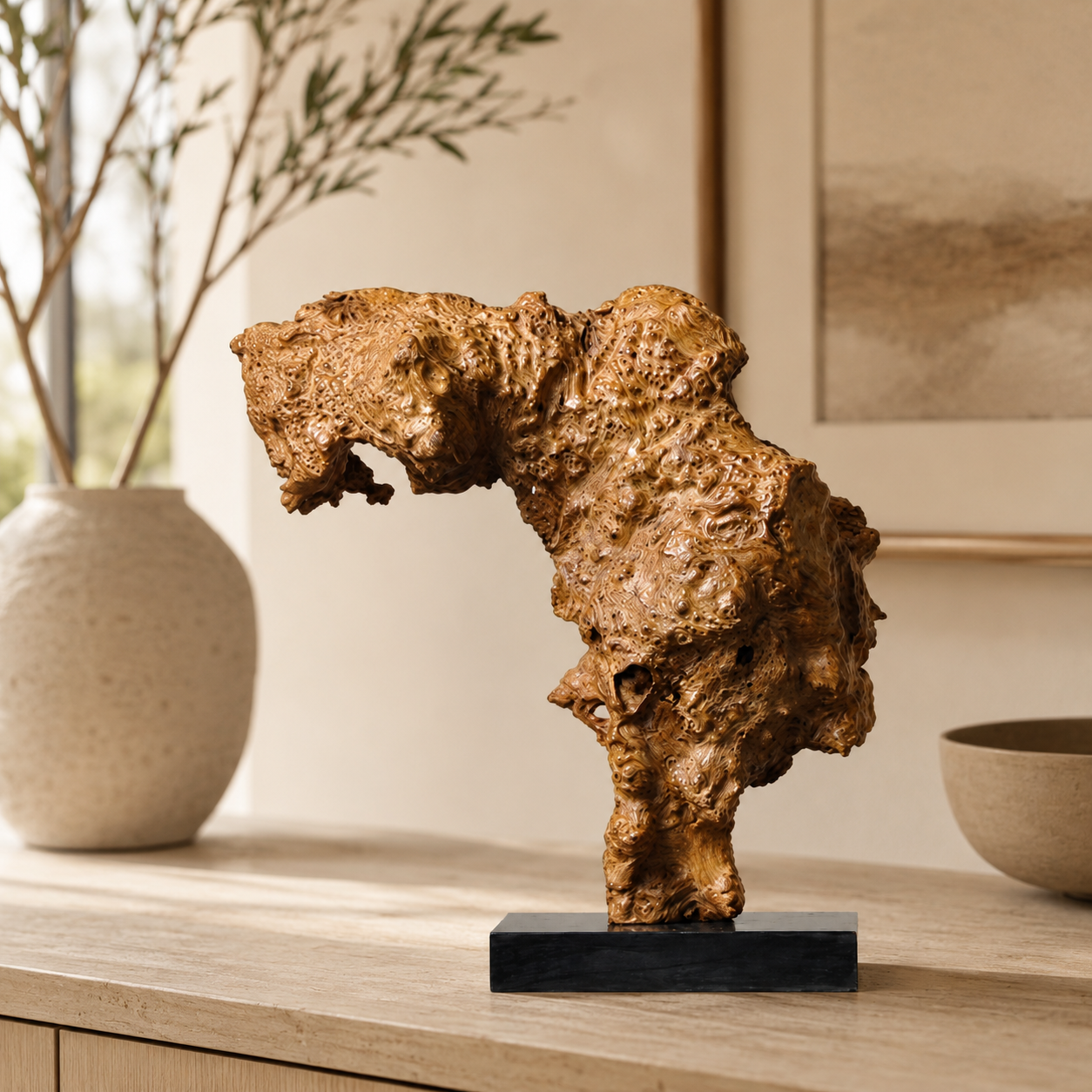 Natural Root Wood Sculpture on Black Base, Burl Wood Art Decor, Organic Wabi Sabi Home Decor, Rustic Luxury Shelf Decor