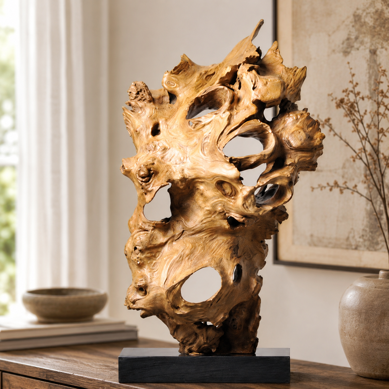 Natural Root Wood Sculpture on Black Base, Abstract Burl Wood Art, Organic Wabi Sabi Decor, Rustic Luxury Shelf Decor