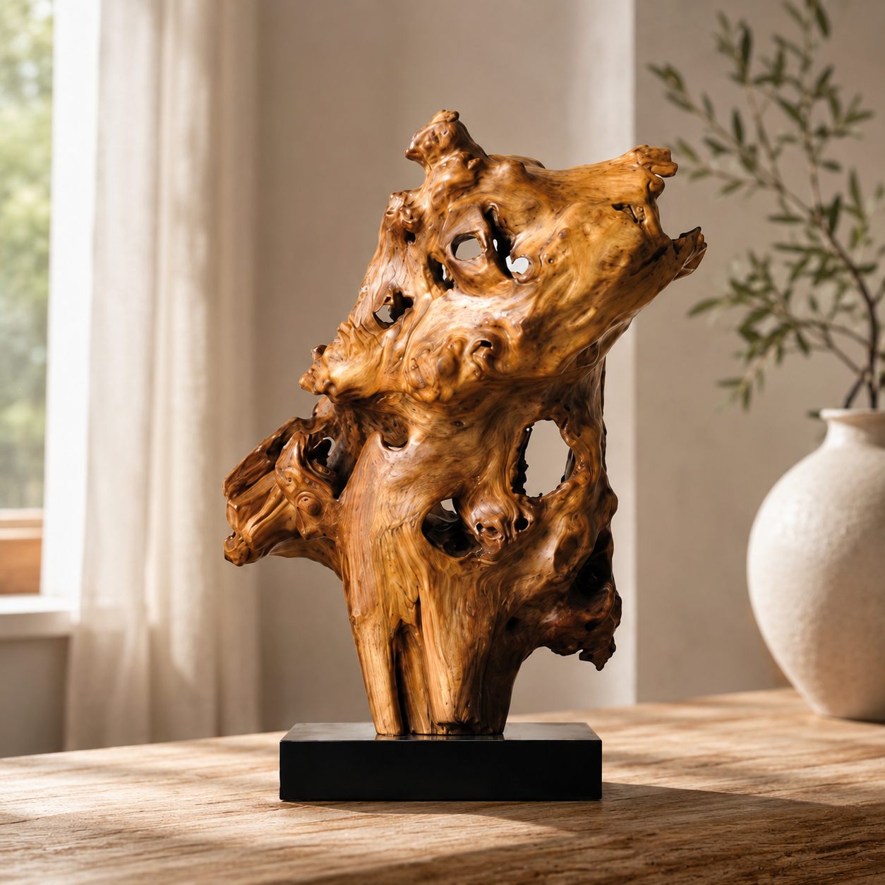 Natural Driftwood Sculpture on Black Base, Abstract Root Wood Carving, Organic Wooden Art Decor, Wabi Sabi Home Accent, Unique Table Sculpture