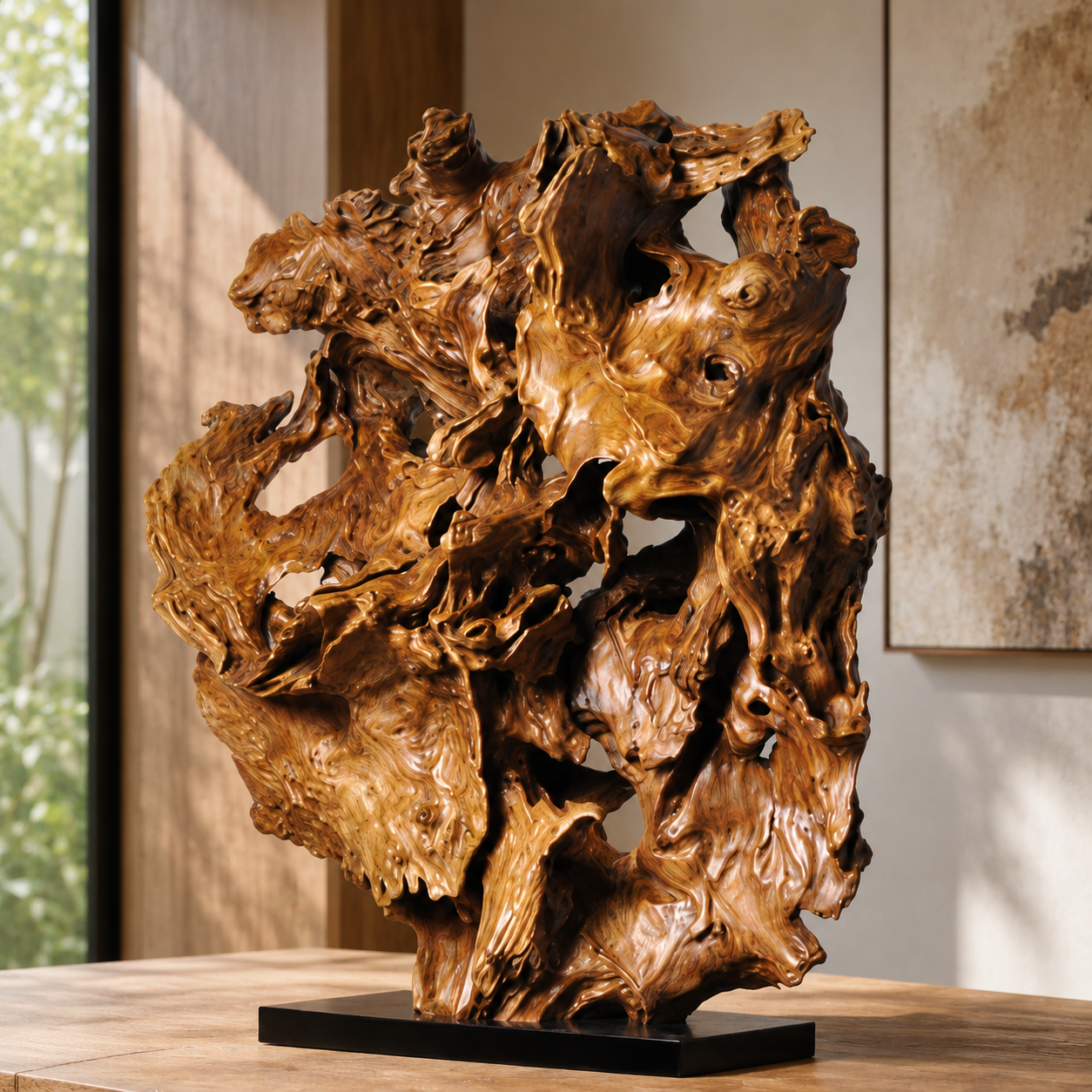 Large Natural Driftwood Sculpture on Black Base, Abstract Wood Root Carving, Organic Wabi Sabi Home Decor, Rustic Modern Statement Art